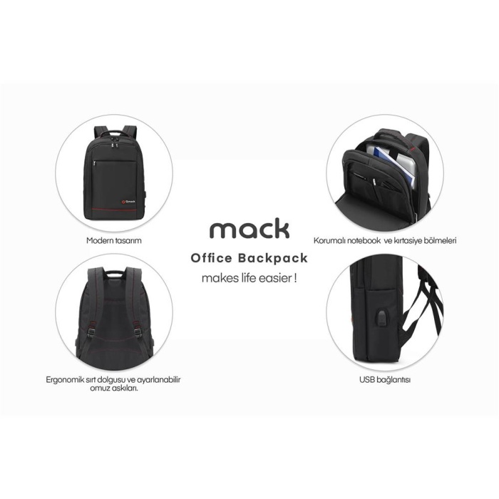 Mack MCC-007 17.3 Office USB Girişli Notebook Sırt Çantası Siyah