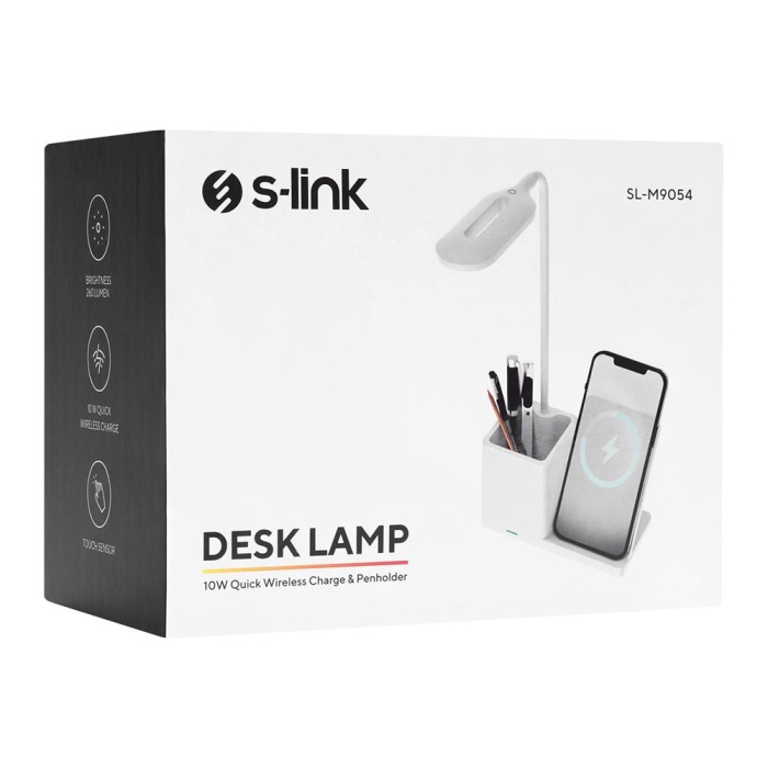 S-link SL-M9054 Beyaz TypeC 10W Kablosuz Şarj Cihazı Kalemlikli Masa Lambası