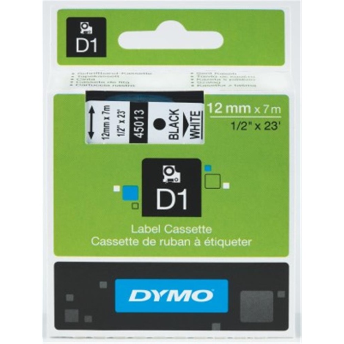 DYMO S0720530 D1 Yedek Şerit, 12 mm x 7 mt, Beyaz- Siyah (45013)