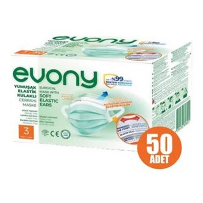 Evony 50li Yeşil Yumuşak Elastikli 3 Katlı Meltbolwn Cerrahi Maske