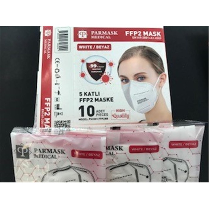 Parmask PS2001 FFP2NR 10lu 5 Katlı Beyaz Tek Tek Poşetli (En149:2001+A1:2009)