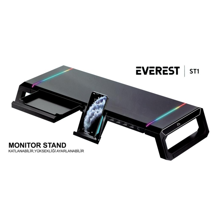 Everest ST1 4 USB Hub RGB Işıklı Katlanabilir Yükseklik Ayarlı Siyah Monitör Standı