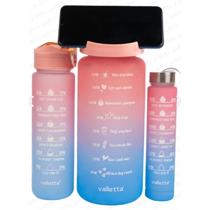 Valletta VLT1294 Eldorado 3lü Set  Motivasyonel Su Matarası Pembe(2000ml-750ml-300ml)Çantalı