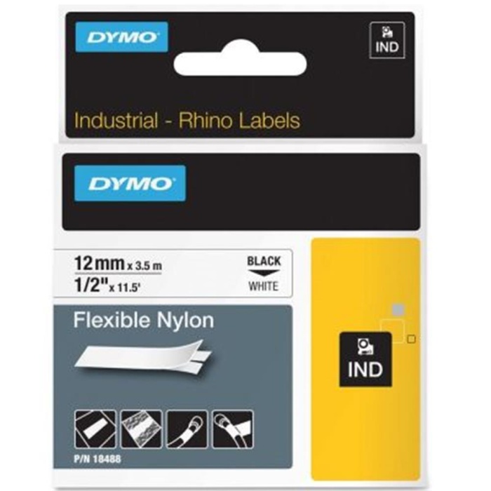 Dymo RhinoPRO Esnek Naylon 12mmx3,5m Beyaz-Siyah 18488