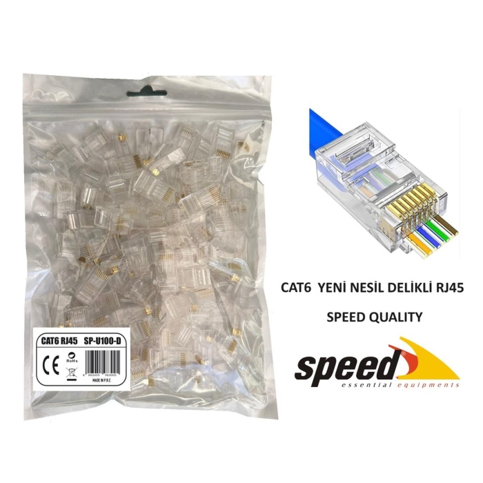 Speed SP-U100 D CAT6 100 Adet Rj45 Konnektör Delikli Yeni Nesil