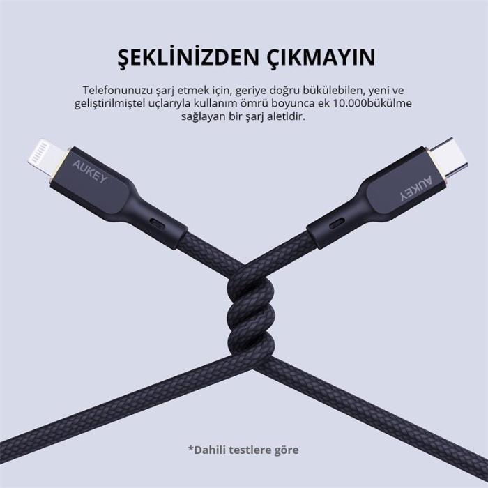 AUKEY CB-NCL1-BK NAYLON ÖRGÜLÜ 3A 480MBPS TYPE-C LIGHTNING KABLOSU 1.8MT