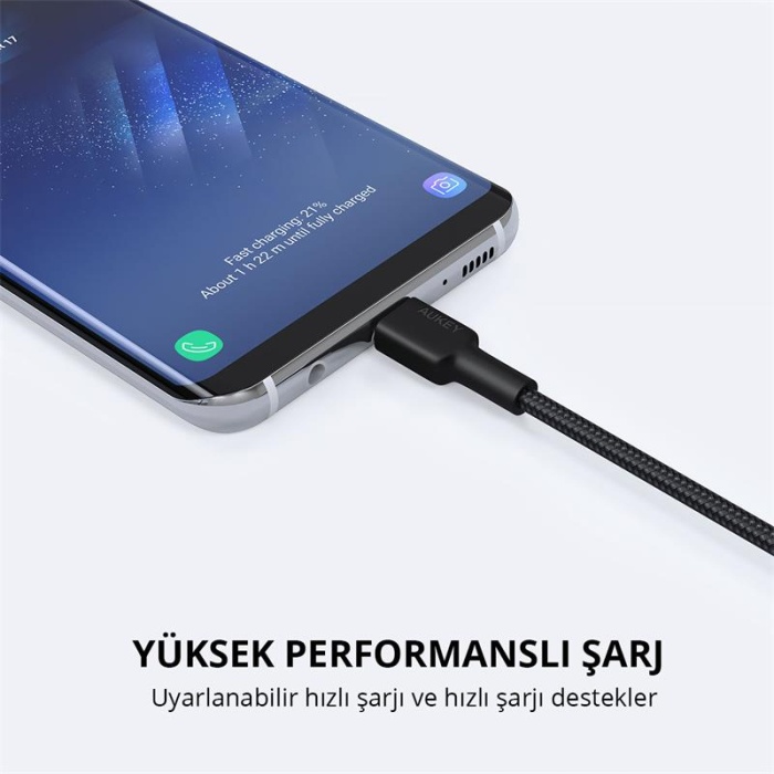 AUKEY CB-CD30-BK NAYLON ÖRGÜLÜ USB-A TYPE-C ŞARJ KABLOSU 0.9MT