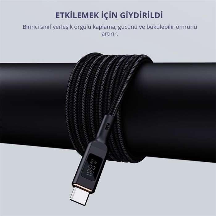 AUKEY CB-MCC102-BK 100W NAYLON ÖRGÜLÜ 5A 480MBPS TYPE-C TYPE-C LCD EKRANLI KABLO 1.8MT