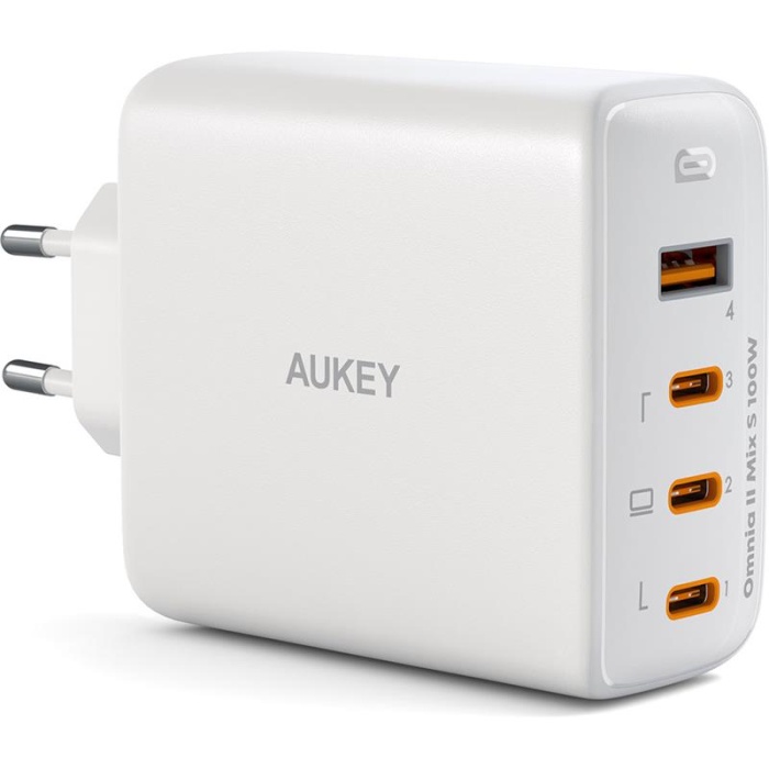 AUKEY PA-B7S-WH 100W DÖRT BAĞLANTI NOKTALI PD GAN DUVAR ŞARJ CİHAZI