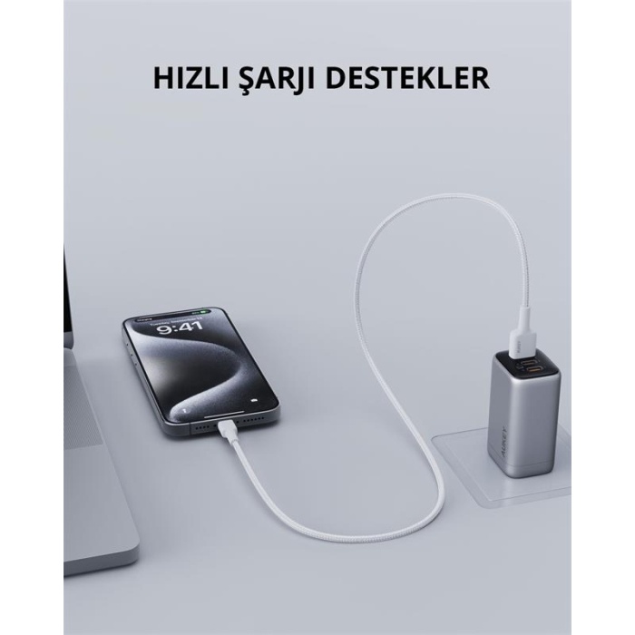 AUKEY CB-BAL7-WH NAYLON ÖRGÜLÜ USB-A LİGHTNİNG KABLOSU 0.9MT