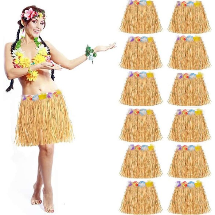 Yetişkin ve Çocuk Uyumlu Saman Renk Hawaii Luau Hula Etek 40 cm 12 Adet