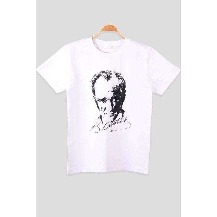 Atatürk ve İmzası Ay Yıldız Bayrak Baskılı Kombin Penye Çocuk Genç  Beyaz Kırmızı T-shirt