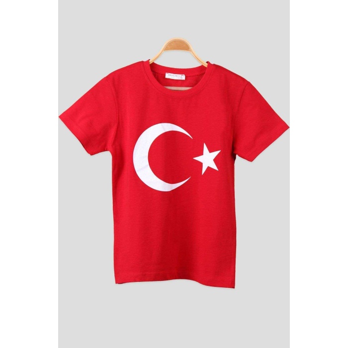 Atatürk ve İmzası Ay Yıldız Bayrak Baskılı Kombin Penye Çocuk Genç  Beyaz Kırmızı T-shirt