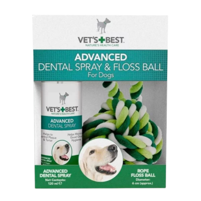 VETS BEST Köpek Ağız ve Diş Bakım Spreyi 120ml ve Diş Temizleyici Halat Top 16cm (2li Set) - Lisinya