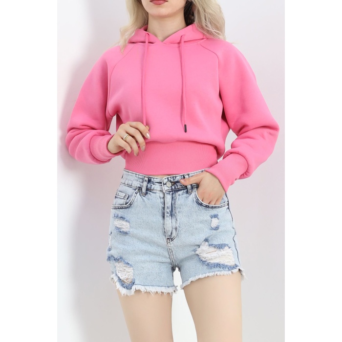 Kapşonlu Crop Sweat Pembe