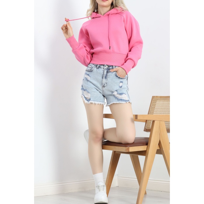 Kapşonlu Crop Sweat Pembe