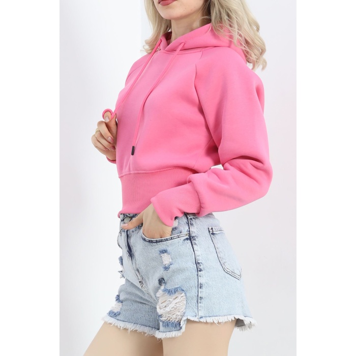 Kapşonlu Crop Sweat Pembe