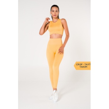 Toparlayıcı Dikişsiz Tayt-Crop Top Fitilli Büstiyer Tayt Crop Top Takım Sarı