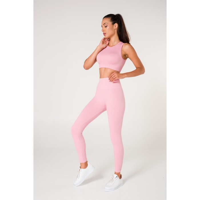 Toparlayıcı Dikişsiz Tayt-Crop Top Fitilli Büstiyer Tayt Crop Top Takım Pembe