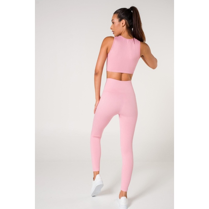 Toparlayıcı Dikişsiz Tayt-Crop Top Fitilli Büstiyer Tayt Crop Top Takım Pembe