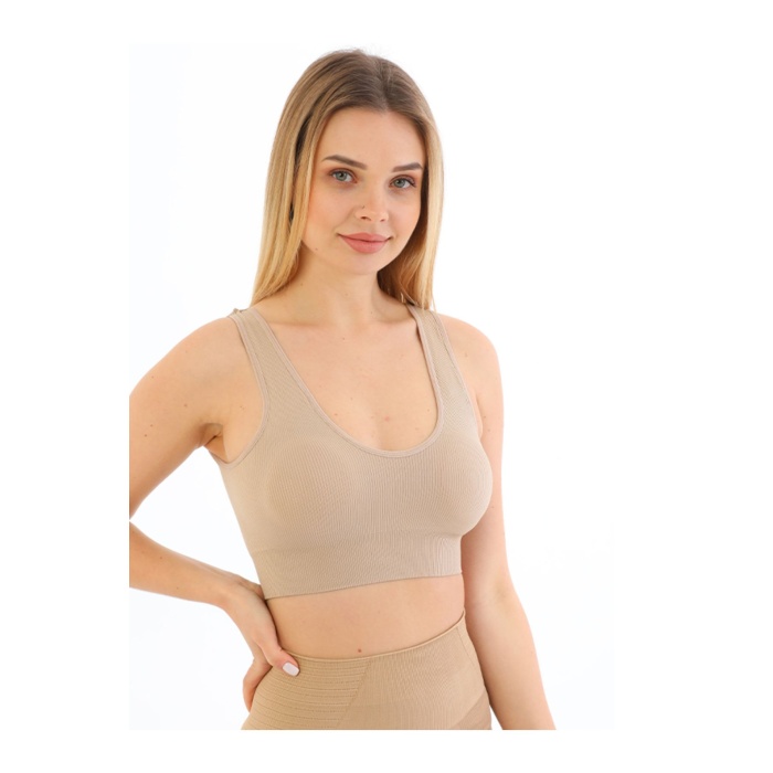 Yeni Sezon İnce Askılı Pedli Fitilli pink-2 Toparlayıcı Crop Büstiyer Krem