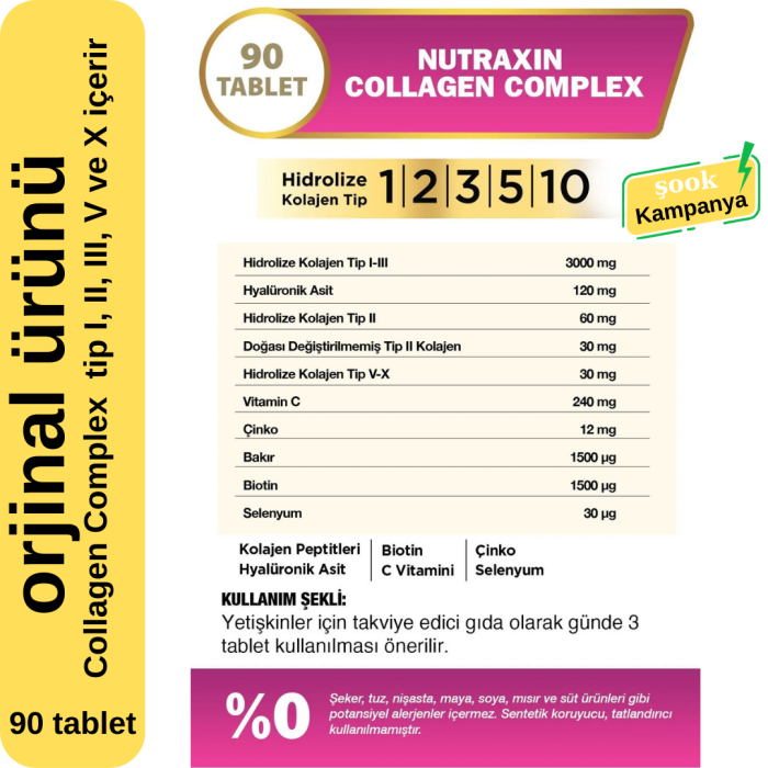 Nutraxin Collagen Complex 90 tablet; içerisinde kolajen tip I, II, III, V ve X içerir