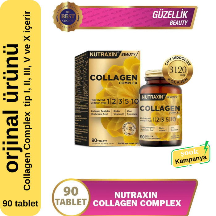 Nutraxin Collagen Complex 90 tablet; içerisinde kolajen tip I, II, III, V ve X içerir