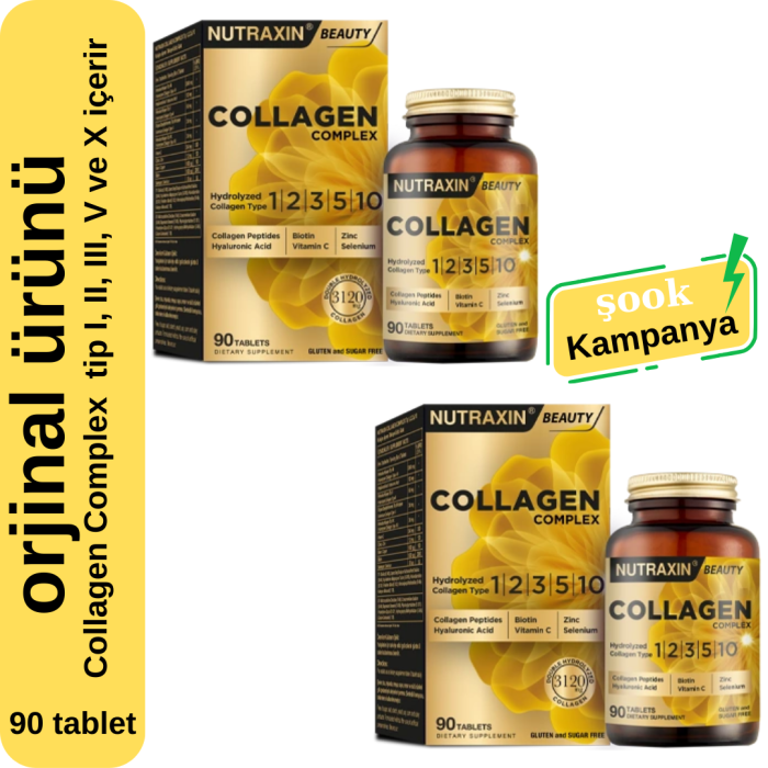 Nutraxin Collagen Complex 2li 90 tablet; içerisinde kolajen tip I, II, III, V ve X içerir