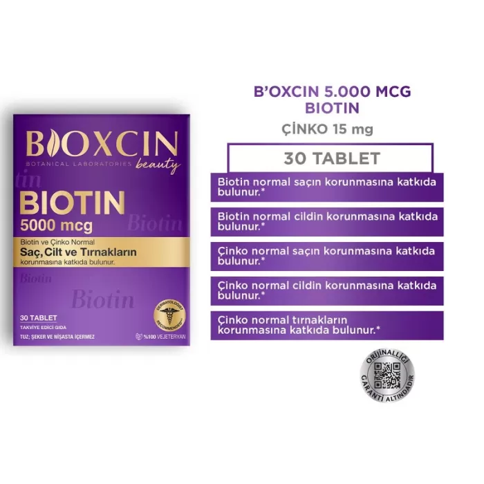 Bioxcin Biotin 5.000 Mcg 30 Tablet - Biotin Çinko 15 Mg Saç Ve Tırnak Vitamini