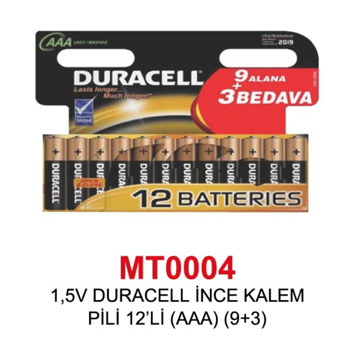 1,5V DURACELL İNCE KALEM PİLİ 12’Lİ (AAA) (9+3)