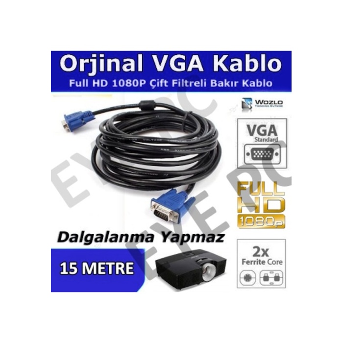 15 Metre Vga Mönitör Tv Projeksiyon Kablosu Kaliteli Çift Filtre