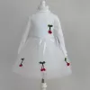5-6-7 Yaş Kiraz Desenli Kurdela Kuşaklı Astarlı Uzun Kollu Kız Çocuk Tütü Elbise Beyaz