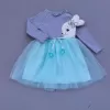 5-6-7 Yaş Pelüş Tavşan Desenli Kurdela Kuşaklı Astarlı Kız Çocuk Tütü Elbise Turkuaz
