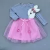 5-6-7 Yaş Pelüş Tavşan Desenli Kurdela Kuşaklı Astarlı Kız Çocuk Tütü Elbise Pembe