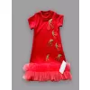 1-2-3 Yaş Payetli Kiraz Nakışlı Eteği Fırfırlı Jile Kız Çocuk Elbisesi Kırmızı