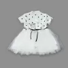 1-2-3 Yaş Payetli Kedicik Baskılı Puantiyeli Kız Bebek Elbisesi Beyaz