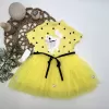 1-2-3 Yaş Payetli Kedicik Baskılı Puantiyeli Kız Bebek Elbisesi Sarı