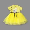 1-2-3 Yaş Payetli Kedicik Baskılı Puantiyeli Kız Bebek Elbisesi Sarı