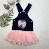 2-3-4 Yaş Fiyonklu Düğme Detaylı Tül Etek Kot Kumaş Salopet Kız Çocuk Elbisesi Lacivert-pudra