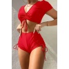 Angelsin Özel Tasarım Yarım Kol Büzgü Detaylı Bikini Takım Kırmızı Ms4318