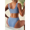 Angelsin Özel Fitilli Kumaş Yüksek Bel Tankini Bikini Takım Mavi Ms4169