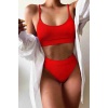 Angelsin Yüksek Bel Fitilli Kumaş Tankini Bikini Takım Kırmızı-ms4371