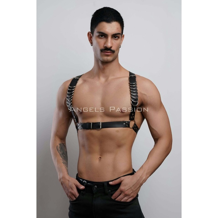 D Halka Detaylı Şık Erkek Göğüs Harness, Erkek Deri T-shirt Aksesuar - Brfm92