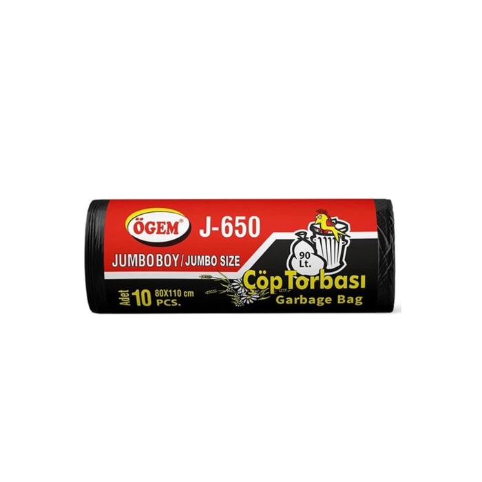 J-650 Jumbo Boy Çöp Torbası 80 x 110 cm 10 Lu Rulo x 1 Paket = 10 Adet (Siyah)