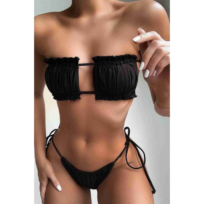 Angelsin Brezilya Model Büzgülü Bağlamalı Bikini Altı Siyah Ms41649