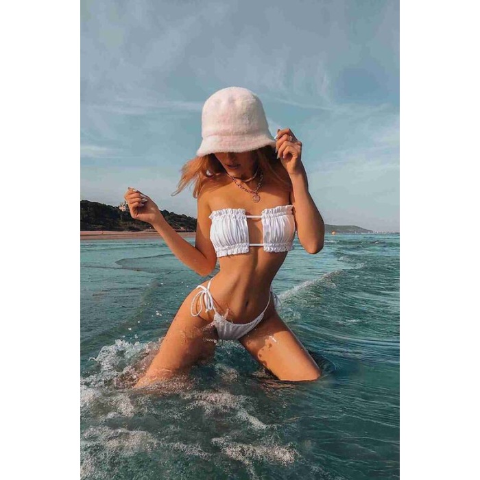 Angelsin Brezilya Model Büzgülü Bağlamalı Bikini Altı Beyaz Ms41649