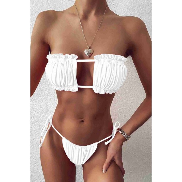 Angelsin Brezilya Model Büzgülü Bağlamalı Bikini Altı Beyaz Ms41649