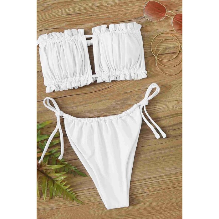 Angelsin Brezilya Model Büzgülü Bağlamalı Bikini Altı Beyaz Ms41649