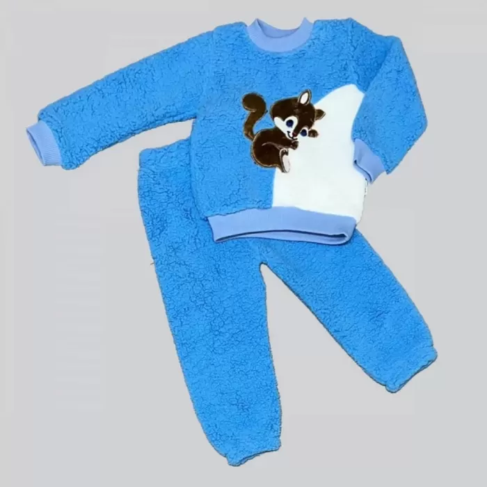 1-2-3 Yaş Masum Yavru Sincap Nakışlı Kuzu Kumaş Sweat Pantolon 2li Kız Erkek Bebek Takımı Saks Mavisi