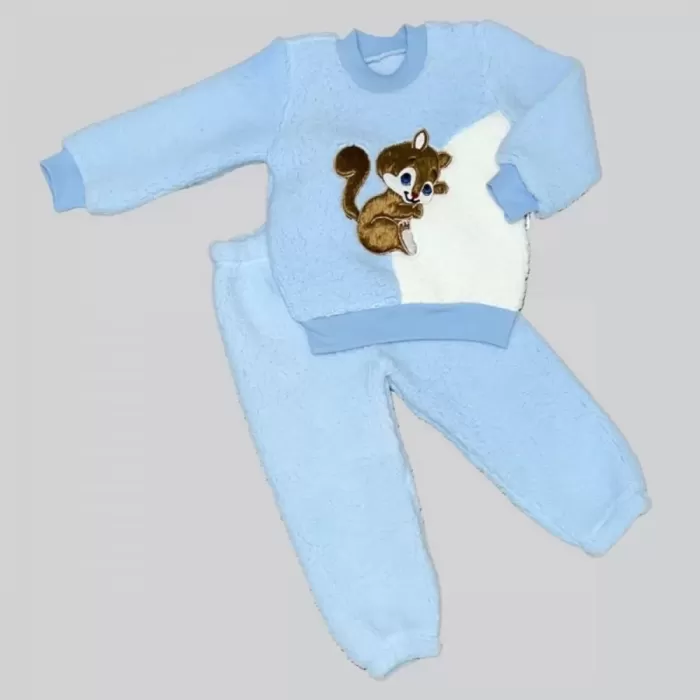 1-2-3 Yaş Masum Yavru Sincap Nakışlı Kuzu Kumaş Sweat Pantolon 2li Kız Erkek Bebek Takımı Mavi